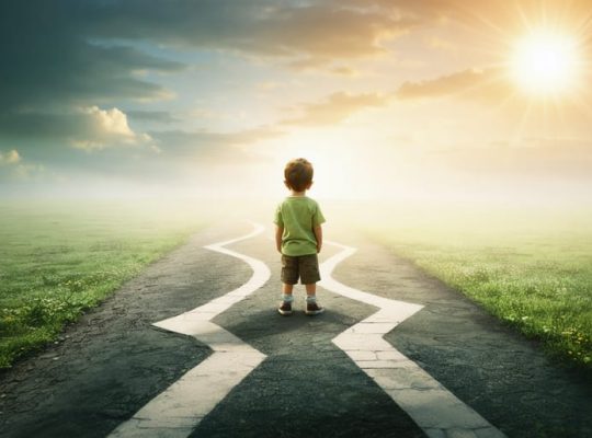 A child standing at a crossroads representing potential futures, one path illuminated by light and security, and the other shadowed and uncertain, symbolizing the impact of parental substance abuse.