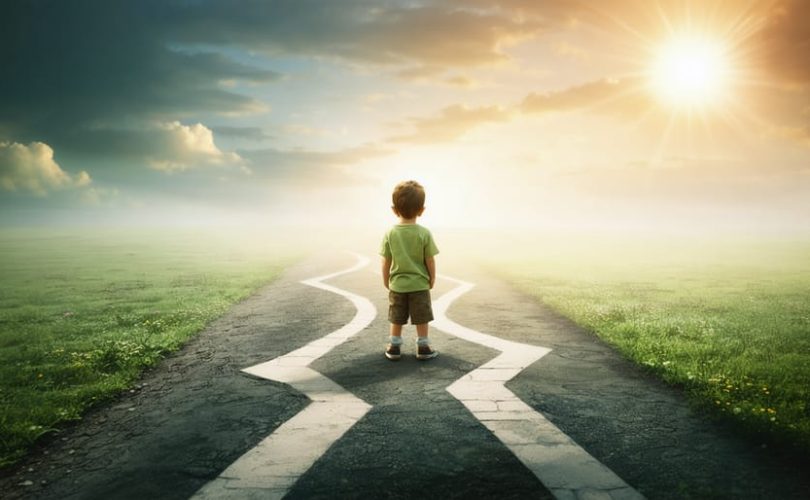 A child standing at a crossroads representing potential futures, one path illuminated by light and security, and the other shadowed and uncertain, symbolizing the impact of parental substance abuse.