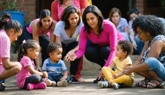 A diverse group of child support professionals and families engaging in a community setting. Participants are depicted in active, respectful dialogue, symbolizing the practice of cultural humility through open interactions and mutual understanding.