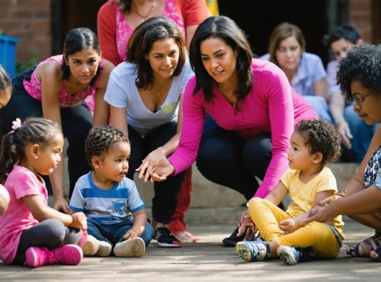 A diverse group of child support professionals and families engaging in a community setting. Participants are depicted in active, respectful dialogue, symbolizing the practice of cultural humility through open interactions and mutual understanding.