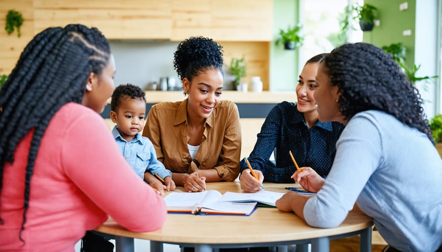 Social workers from different backgrounds consulting with families at a community support center