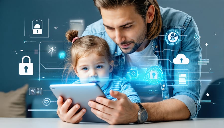 Parent and child safely using digital device with privacy protection symbols