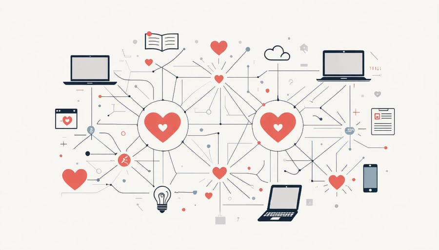 Abstract digital network diagram with connected support symbols and mental health resources