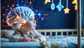 A young child's brain with visible neural pathways lighting up while the child observes a brightly colored mobile with contrasting shapes, representing the influence of visual experiences on early brain development.