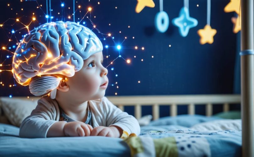 A young child's brain with visible neural pathways lighting up while the child observes a brightly colored mobile with contrasting shapes, representing the influence of visual experiences on early brain development.