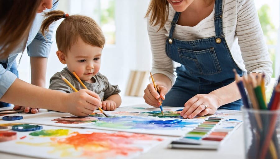 Parents and children sitting at table working on colorful art projects, expressing emotions through painting