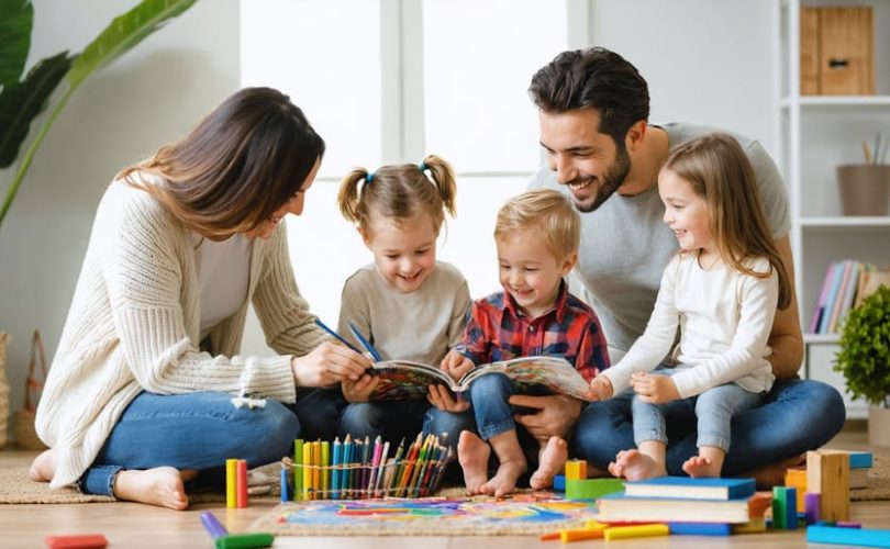Family sitting together in a cozy, welcoming environment, surrounded by art supplies and books, engaging in activities that promote emotional connection and mental well-being.