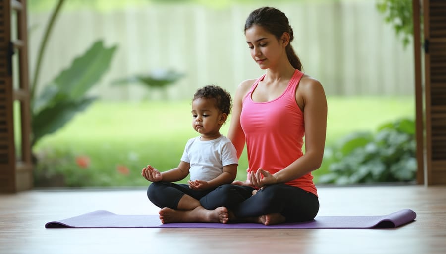 Parent and child sitting in meditation pose on yoga mats, practicing mindfulness together