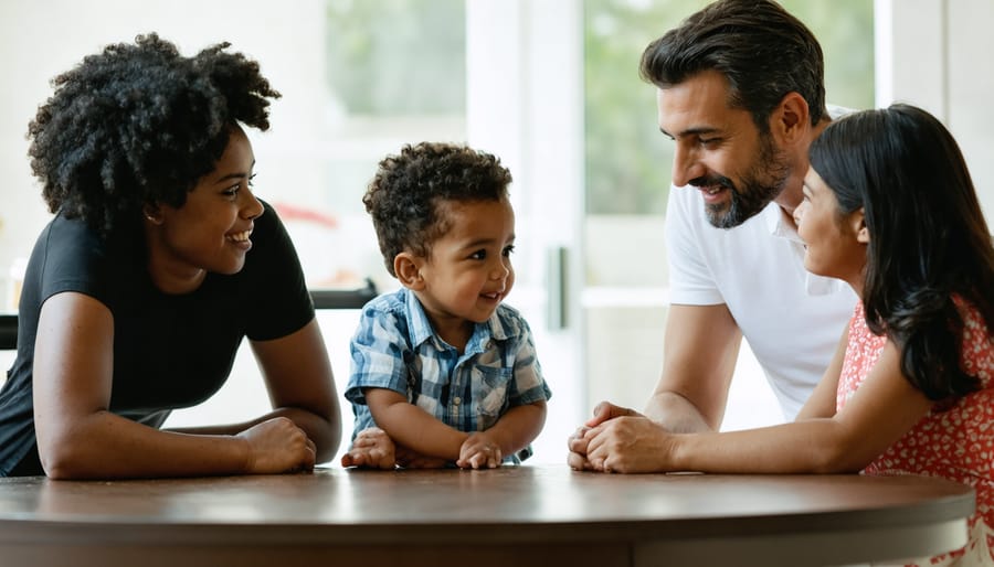 Family sitting together in living room having a supportive conversation during difficult time