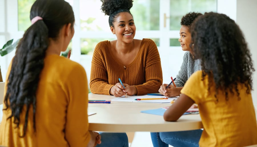 Family support group meeting with parents and children participating in therapy