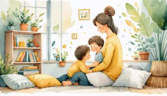 A nurturing parent and child engage in a heartfelt conversation in a cozy room, symbolizing a safe environment that supports emotional resilience and open communication.