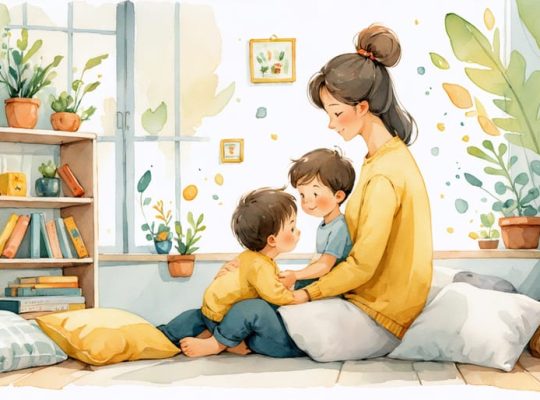 A nurturing parent and child engage in a heartfelt conversation in a cozy room, symbolizing a safe environment that supports emotional resilience and open communication.