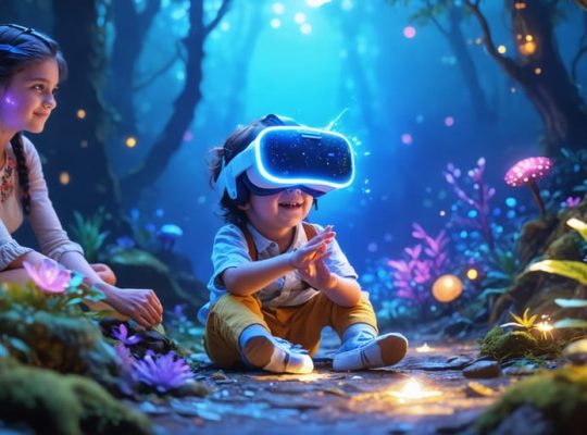 A child wearing a VR headset exploring a vibrant virtual environment, with an educator providing supervision and guidance.