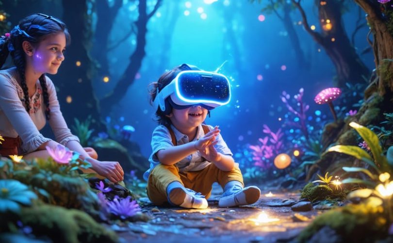 A child wearing a VR headset exploring a vibrant virtual environment, with an educator providing supervision and guidance.