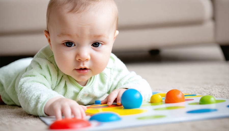 Baby exploring black and white patterned toys during visual development play