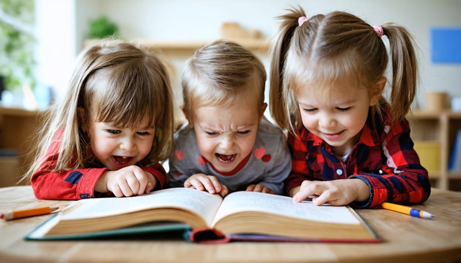 Group of children actively participating in a storytelling session, showing various emotional reactions