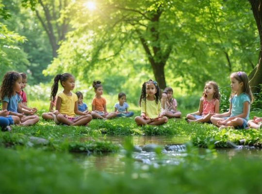 Children engaging in mindfulness activities in a lush green park, with some practicing meditation, others examining natural elements, and sunlight filtering through trees.