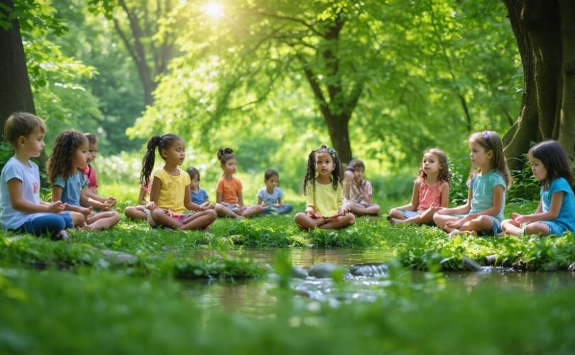 Children engaging in mindfulness activities in a lush green park, with some practicing meditation, others examining natural elements, and sunlight filtering through trees.