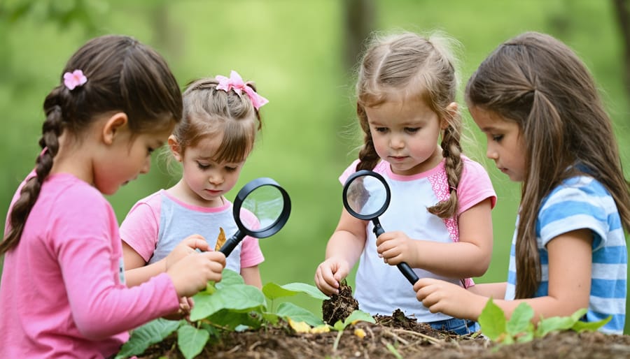Children engaged in mindful nature exploration with magnifying glasses