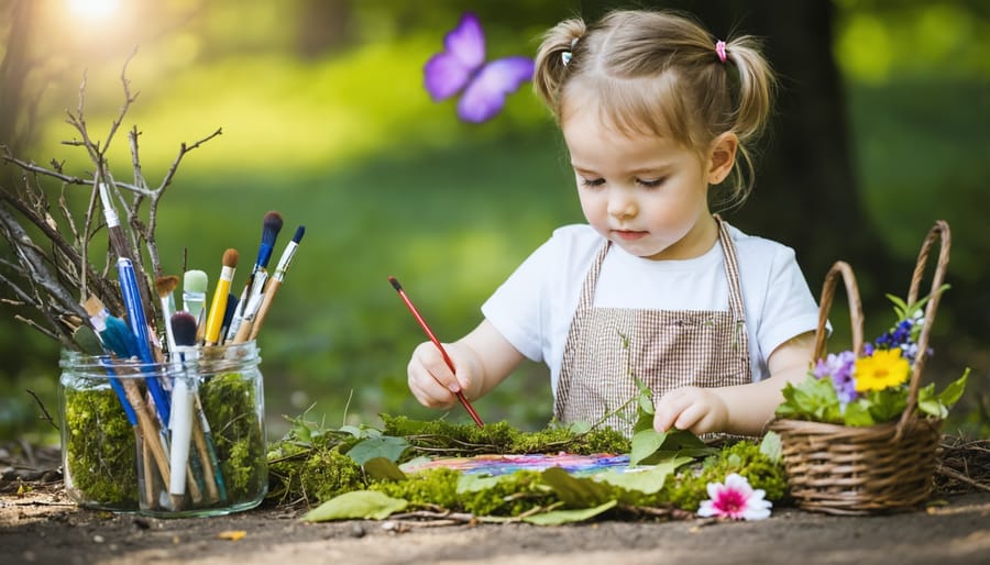 Child engaged in mindful nature art activity using natural materials