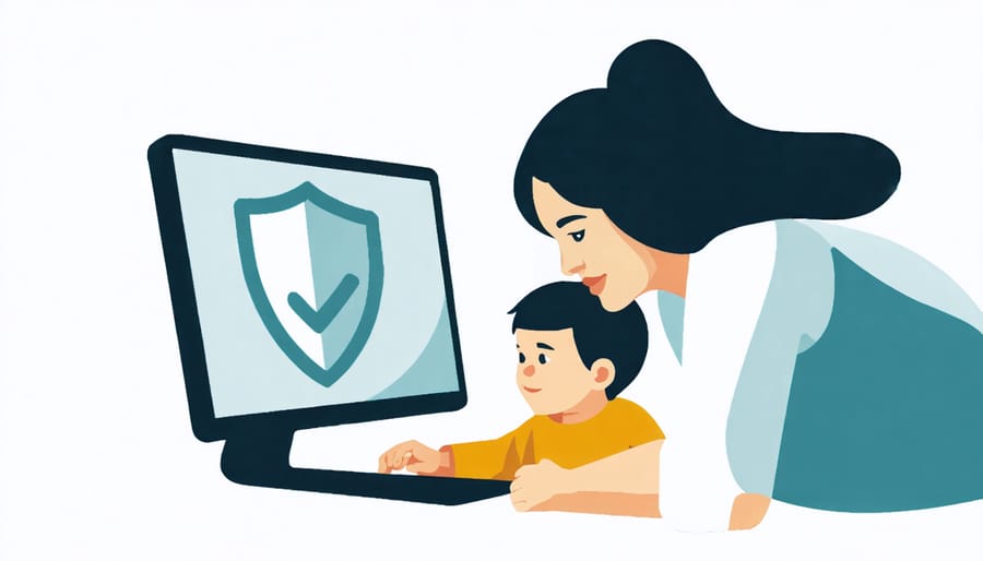 Parent guiding child through safe digital device usage with protective shield symbol