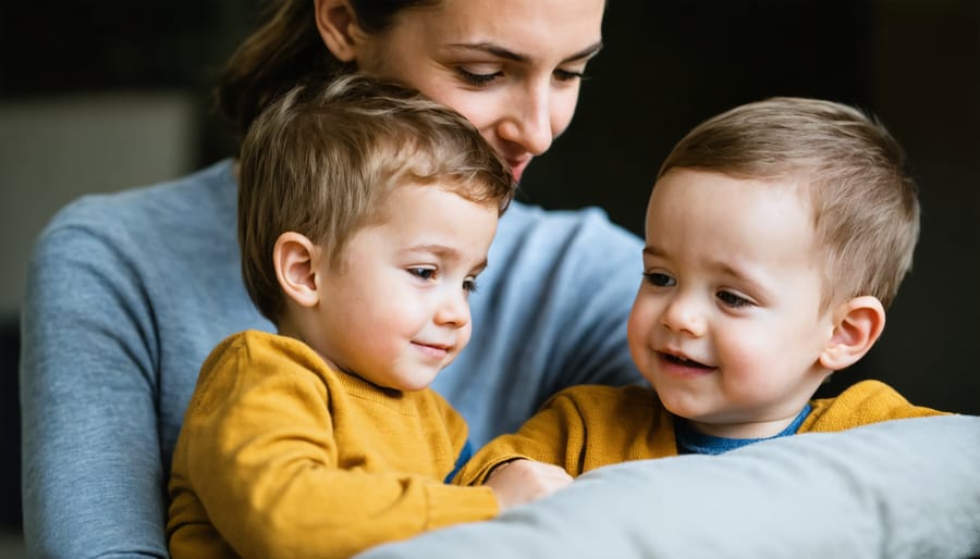 Parent sitting at child's eye level, showing empathy while child expresses emotions