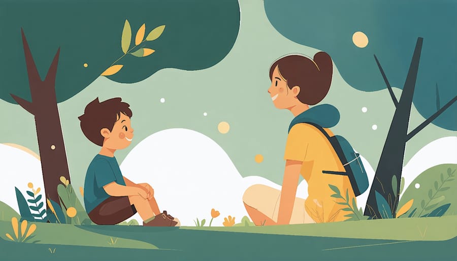 Parent comforting and talking to child while sitting in nature