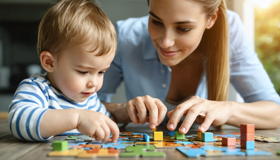 Parent and child working together on a challenging puzzle, showing collaborative problem-solving