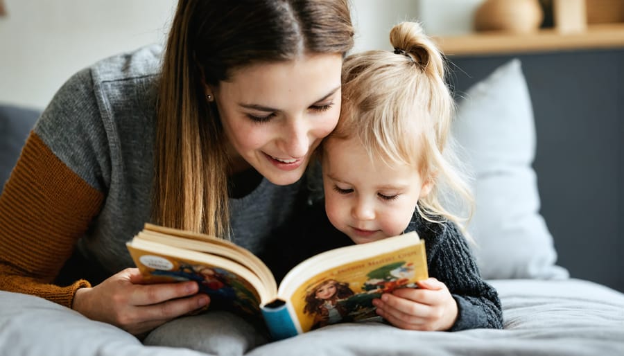 Warm scene of parent and child engaged in reading a storybook together