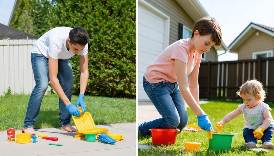 Child performing adult responsibilities while peers enjoy childhood activities
