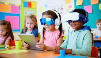 A classroom scene with diverse children using personalized technology tools, including tablets, headphones, and VR headsets, representing various learning styles.
