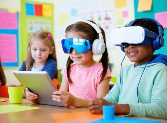 A classroom scene with diverse children using personalized technology tools, including tablets, headphones, and VR headsets, representing various learning styles.