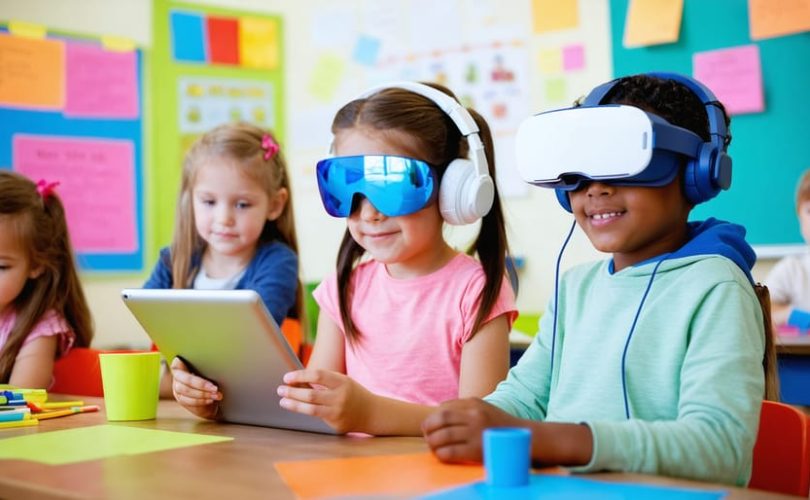 A classroom scene with diverse children using personalized technology tools, including tablets, headphones, and VR headsets, representing various learning styles.