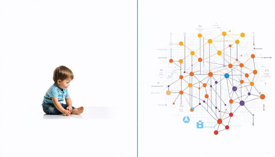 Side-by-side comparison of a child playing with blocks and simplified neural network visualization