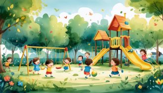 A diverse group of preschool-aged children playing safely on playground equipment, with attentive caregivers ensuring a secure and nurturing environment.