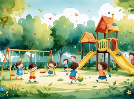 A diverse group of preschool-aged children playing safely on playground equipment, with attentive caregivers ensuring a secure and nurturing environment.