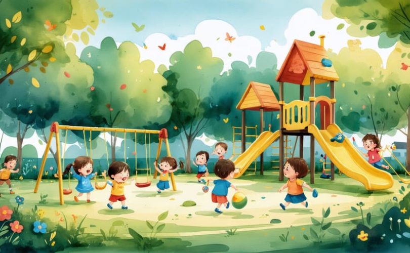 A diverse group of preschool-aged children playing safely on playground equipment, with attentive caregivers ensuring a secure and nurturing environment.