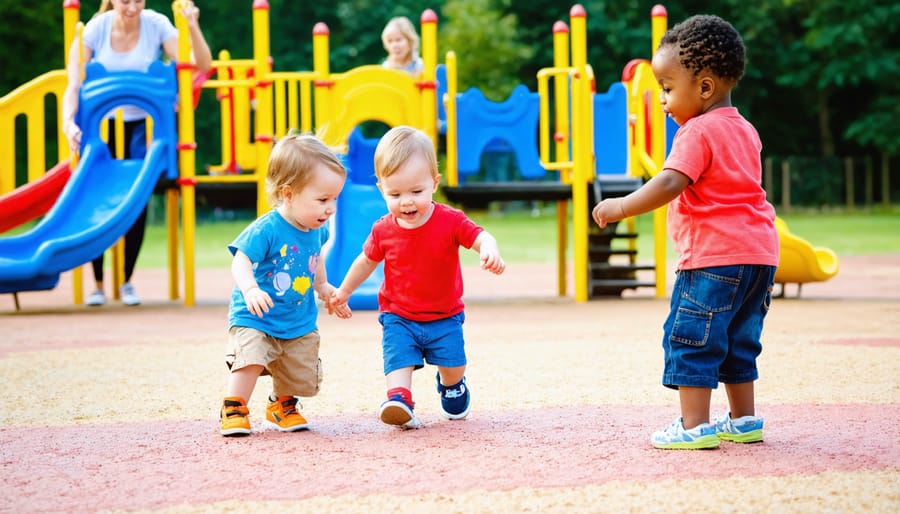 Children aged 3-5 playing on playground equipment while caregivers watch from a close distance