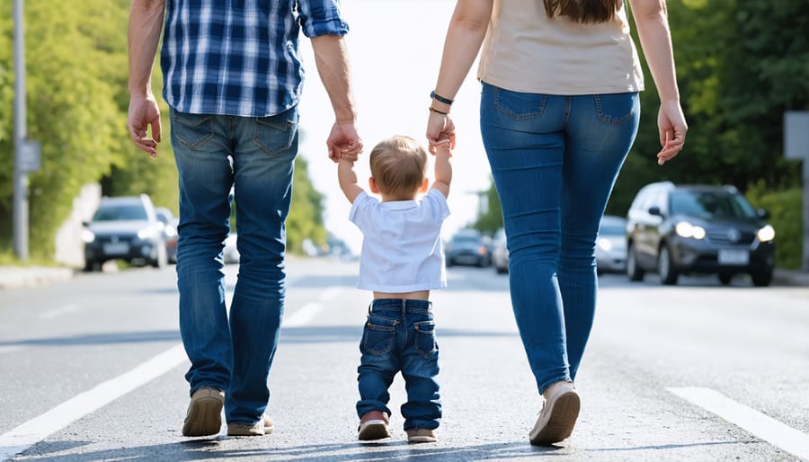 Parent demonstrating proper street-crossing safety with their preschool-aged child