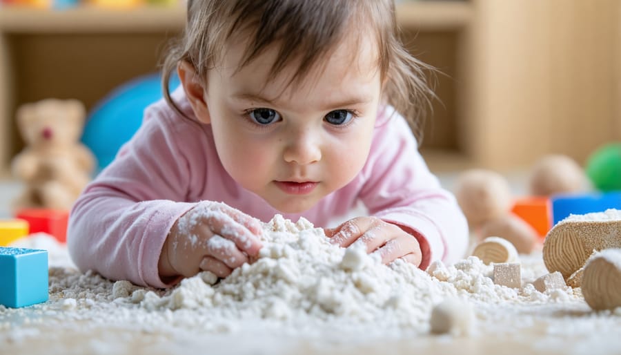 Young child exploring different textured materials in a supervised play environment