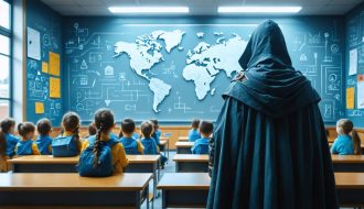 A symbolic guardian figure watches over a classroom of students, highlighting the importance of vigilant awareness and safety in educational environments. The image emphasizes open communication and professional boundaries between teachers and students.