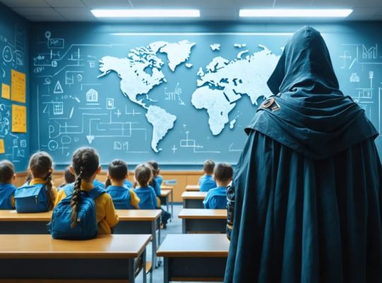 A symbolic guardian figure watches over a classroom of students, highlighting the importance of vigilant awareness and safety in educational environments. The image emphasizes open communication and professional boundaries between teachers and students.