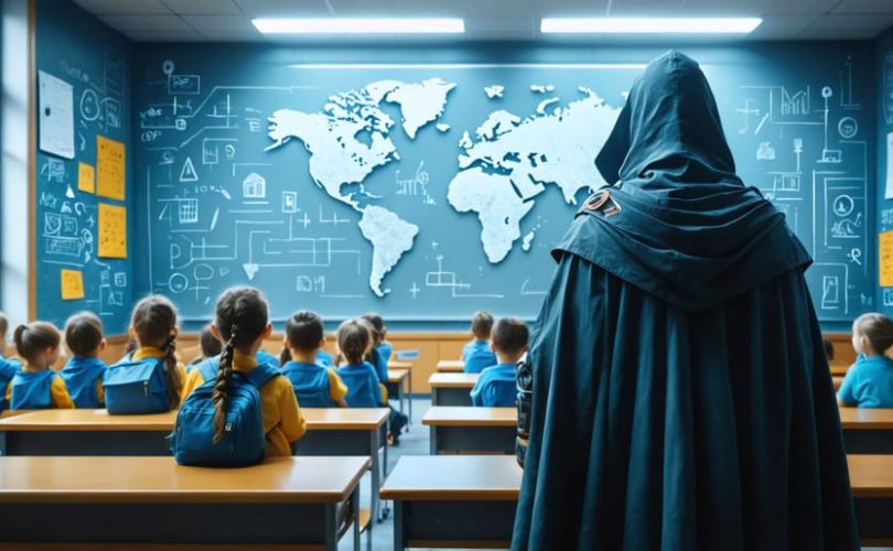 A symbolic guardian figure watches over a classroom of students, highlighting the importance of vigilant awareness and safety in educational environments. The image emphasizes open communication and professional boundaries between teachers and students.