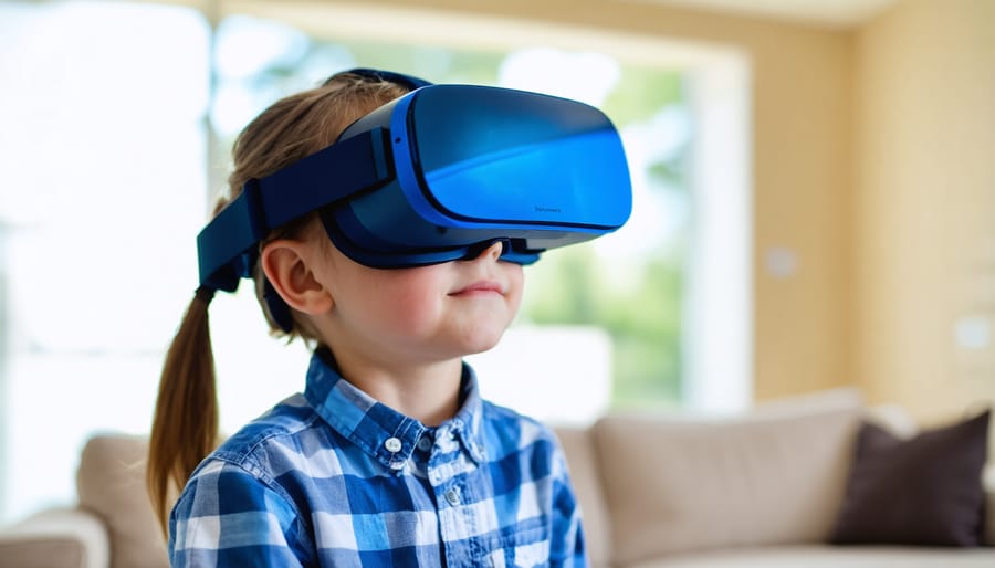Young student exploring virtual reality with adult supervision in a classroom setting