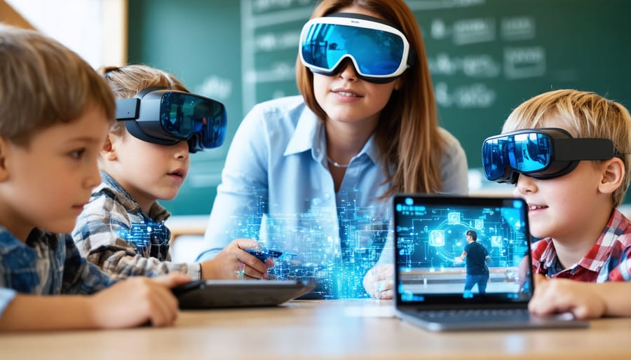 Elementary school teacher helping students navigate AR learning applications on tablets