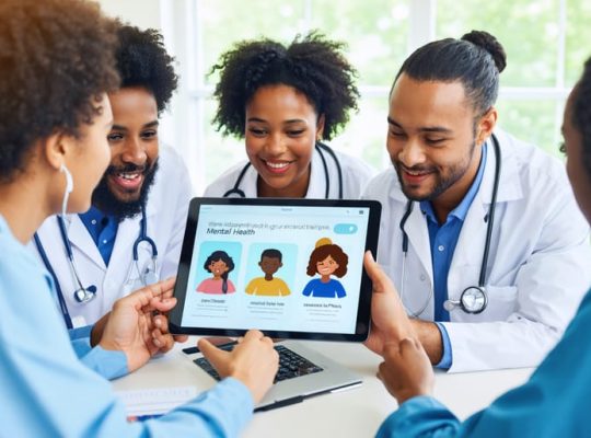 Diverse group of healthcare professionals collaborating via digital platform on a child's mental health plan, symbolizing integrated telehealth care.