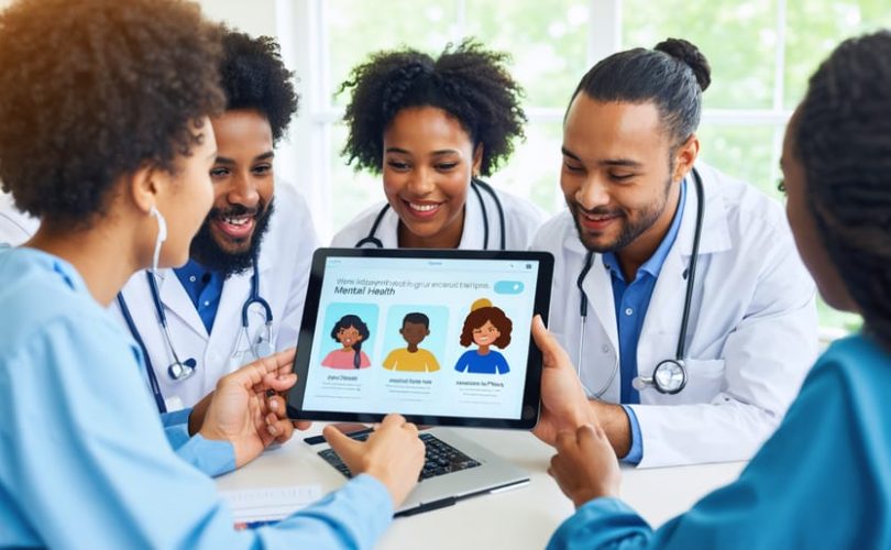 Diverse group of healthcare professionals collaborating via digital platform on a child's mental health plan, symbolizing integrated telehealth care.