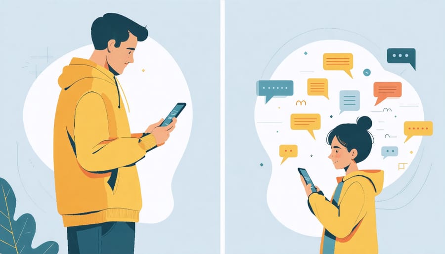 Parent connecting with virtual support group via smartphone, with encouraging messages visible