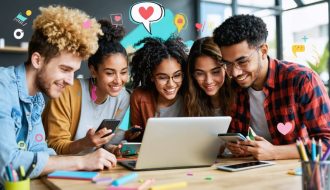 Diverse group of young individuals and adults using digital devices in a supportive environment, symbolizing connectivity and empowerment through digital mental health advocacy.