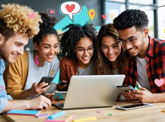 Diverse group of young individuals and adults using digital devices in a supportive environment, symbolizing connectivity and empowerment through digital mental health advocacy.
